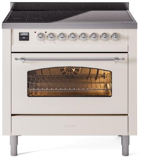 Freestanding electric induction range front view with open oven door and dark cooktop