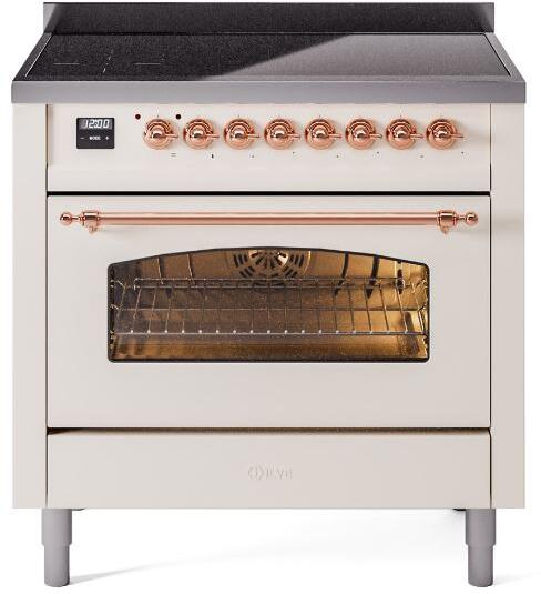 Freestanding induction range with open oven door, copper handle, and front control panel
