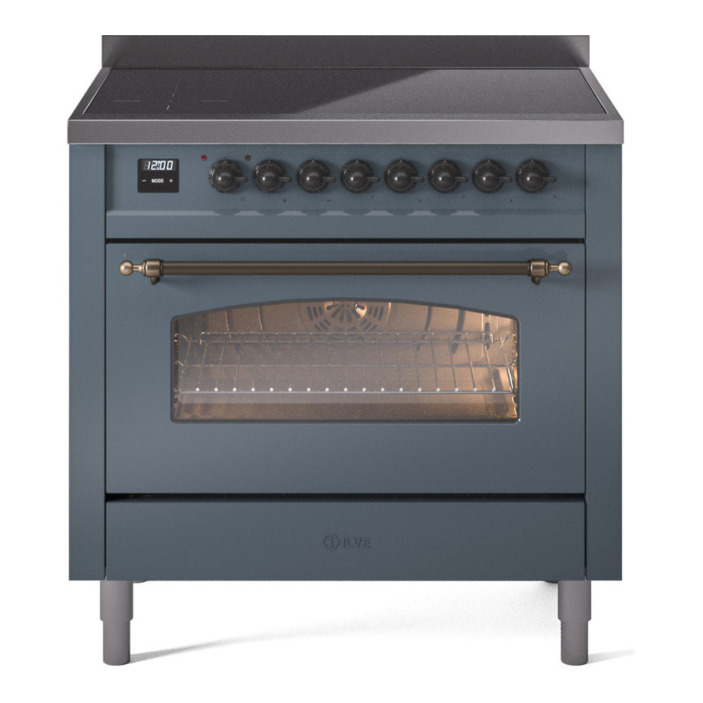 Freestanding electric induction range with blue-grey body, bronze handle, and oven window