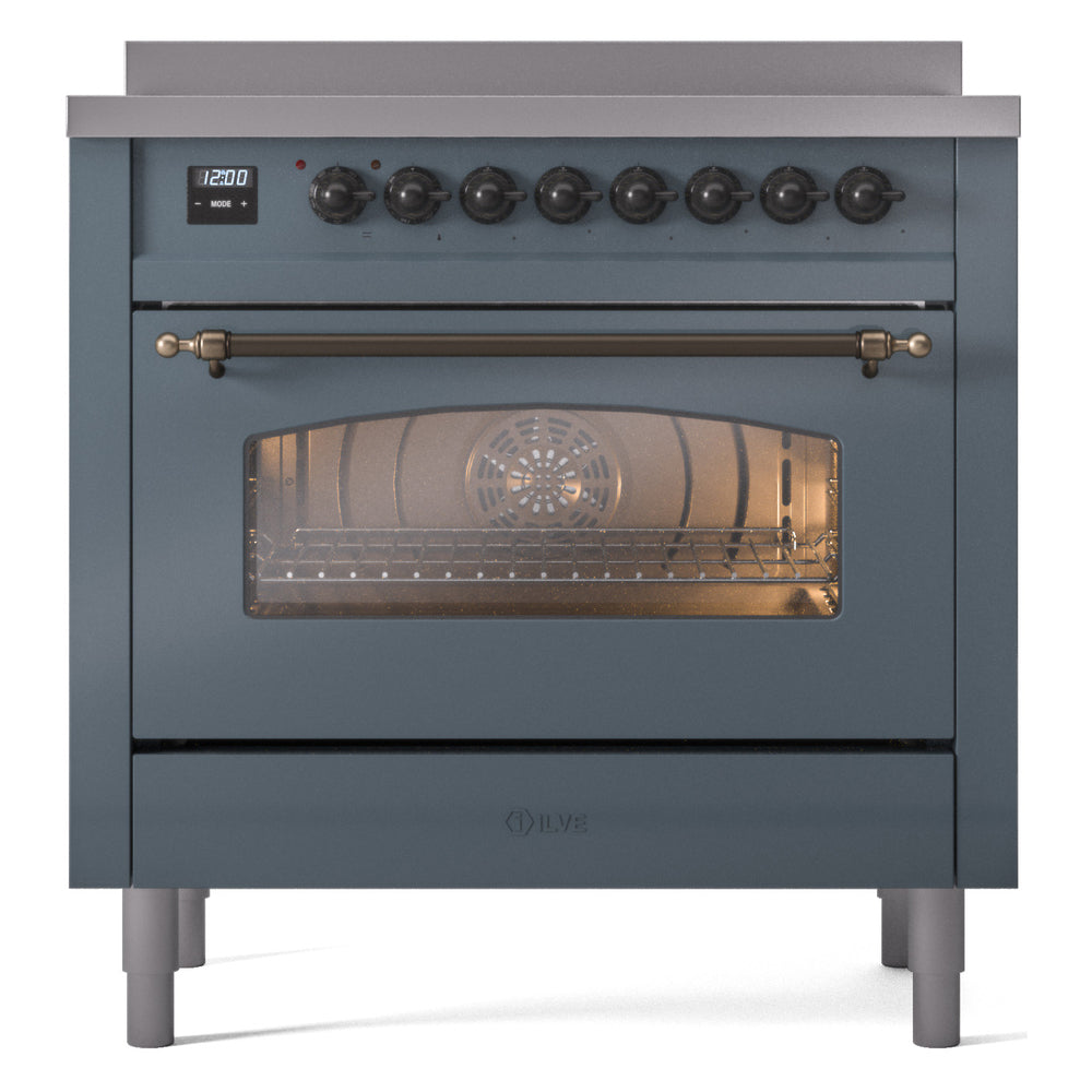 Freestanding electric induction range, blue-grey with bronze door handle and black control knobs