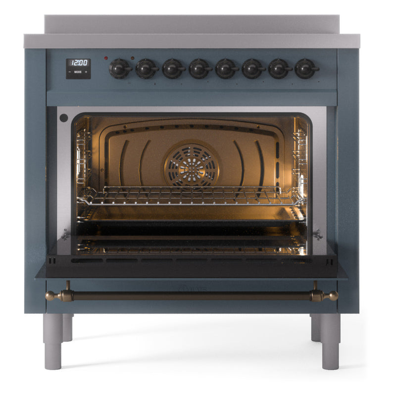 ILVE Nostalgie II 36-Inch Freestanding Electric Induction Range in Blue Grey with Bronze Trim (UPI366NMPBGB)