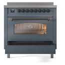 ILVE Nostalgie II 36-Inch Freestanding Electric Induction Range in Blue Grey with Bronze Trim (UPI366NMPBGB)