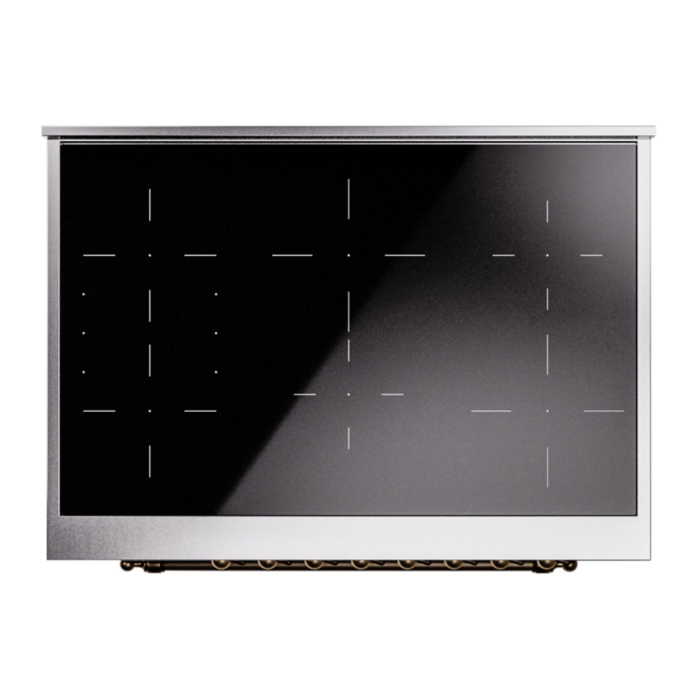 Induction cooktop glass panel with heat zone marking lines and indicator area