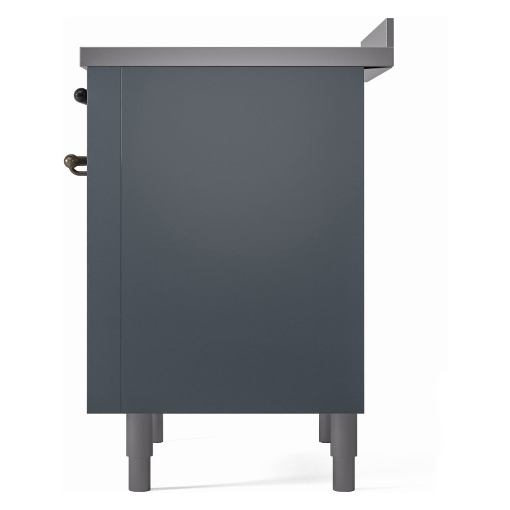 Rear-side view of freestanding induction range in blue-grey with corner details and feet