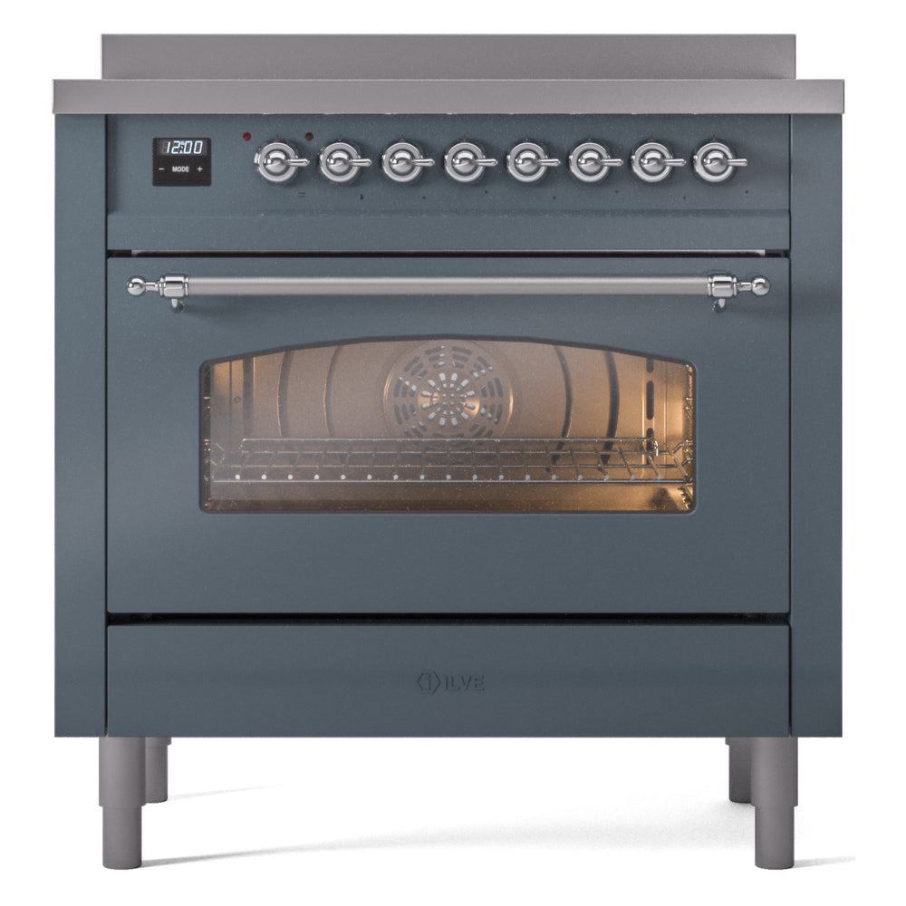 Freestanding electric induction range in blue grey with chrome trim, oven door open
