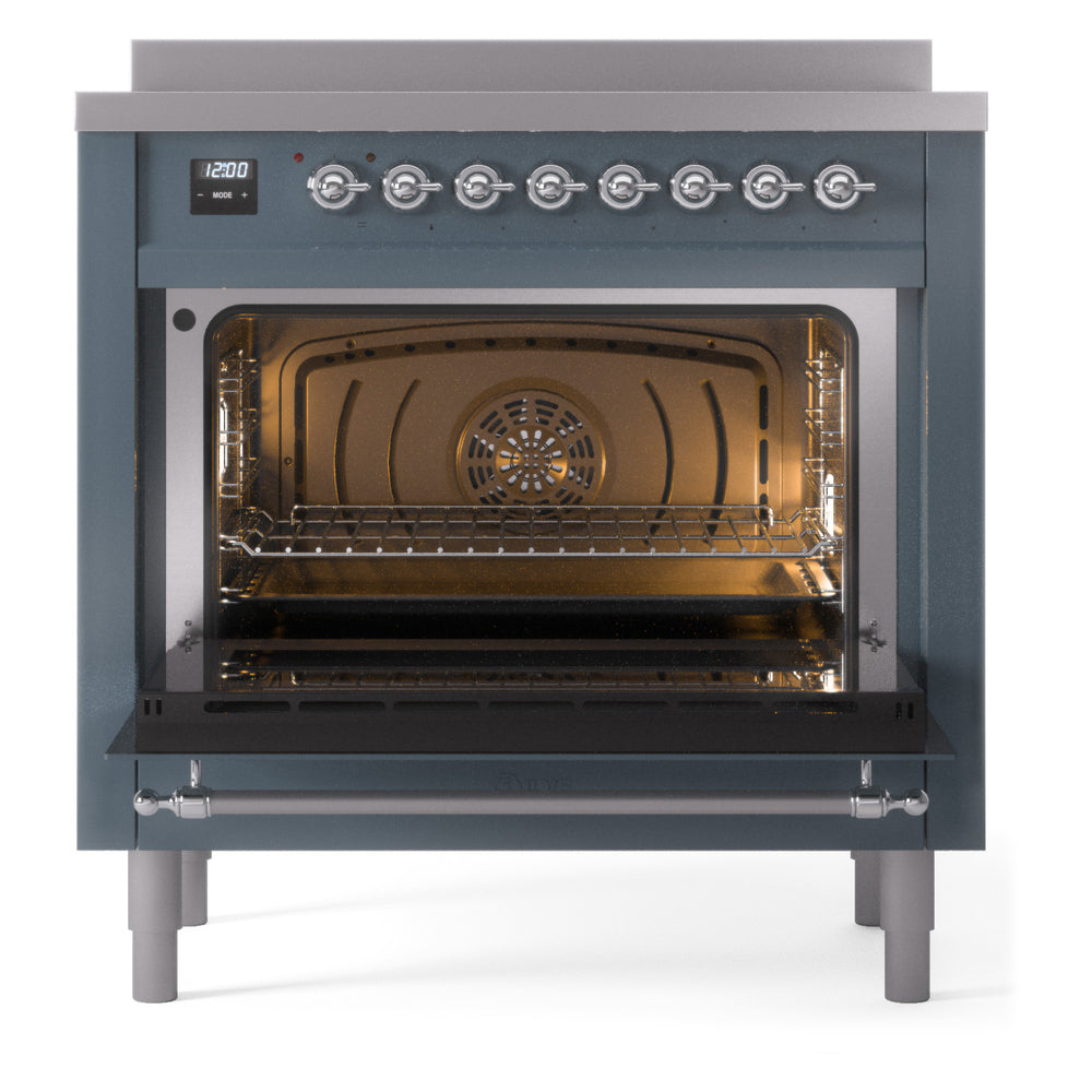 Freestanding electric induction range with oven door open, interior light and rack