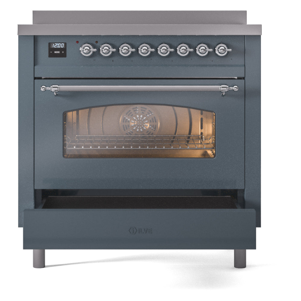 Freestanding electric induction range in blue grey with chrome handle, oven door open