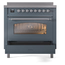 ILVE Nostalgie II 36-Inch Freestanding Electric Induction Range in Blue Grey with Chrome Trim (UPI366NMPBGC)