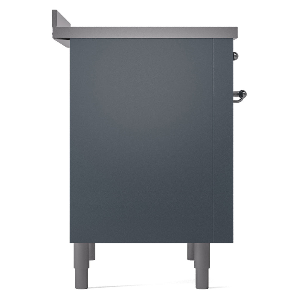 Side panel of freestanding induction range in blue grey with adjustable feet