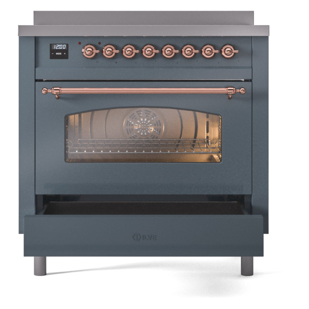 Blue grey induction range with copper control rail and glass oven door window