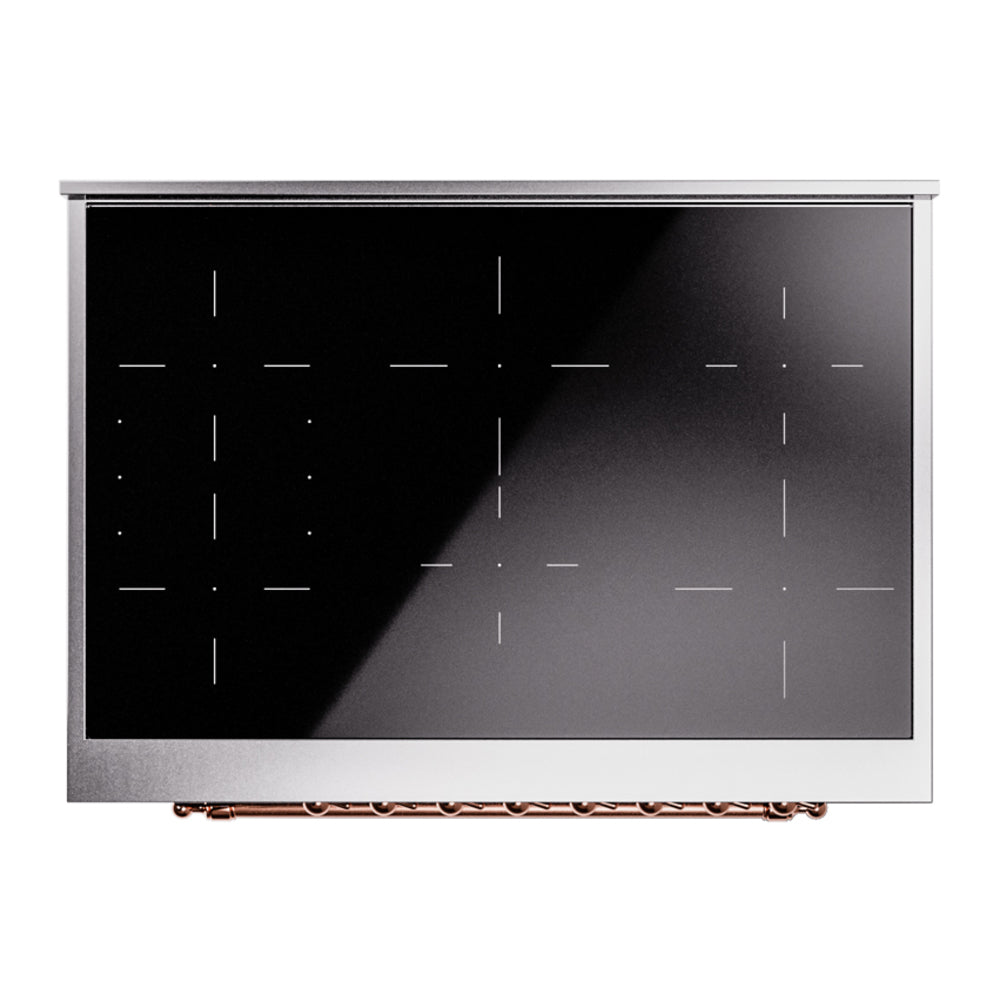 Induction cooktop with black glass surface and marked heat zones, copper accents