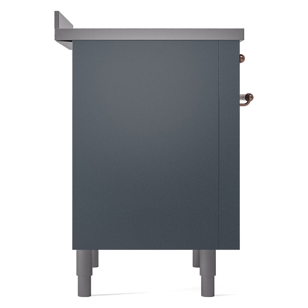 Blue grey side panel of freestanding induction range with small copper knob