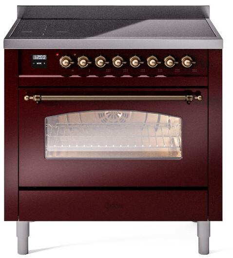 Burgundy electric induction range with bronze knobs, oven door window, and open lower compartment