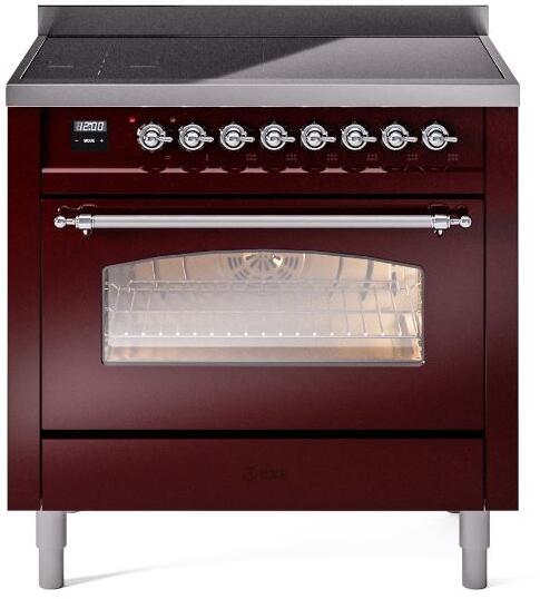 Burgundy freestanding electric induction range front view with oven window and control knobs