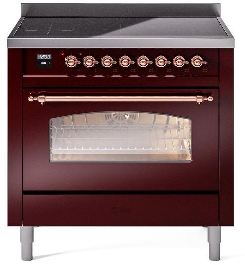 Burgundy freestanding induction range with glass oven door and copper handle