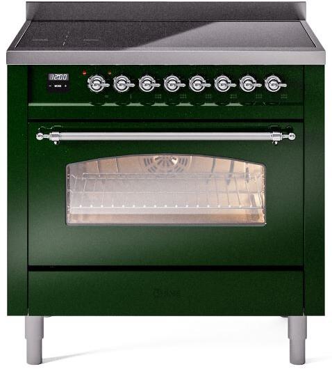 Emerald green freestanding induction range with chrome knobs and glass oven door