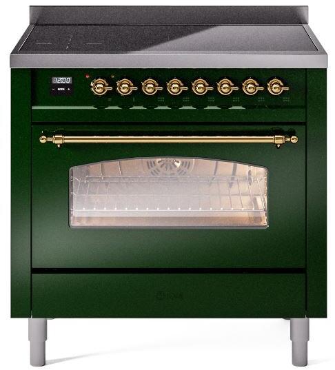 Emerald green induction range front with brass knobs and glass oven window