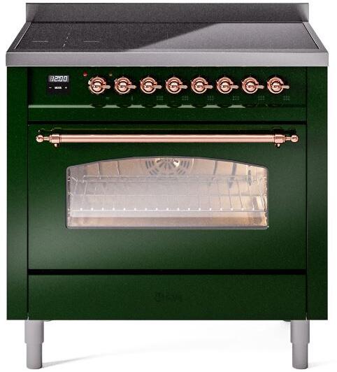 Freestanding electric induction range front view with copper controls and oven window.