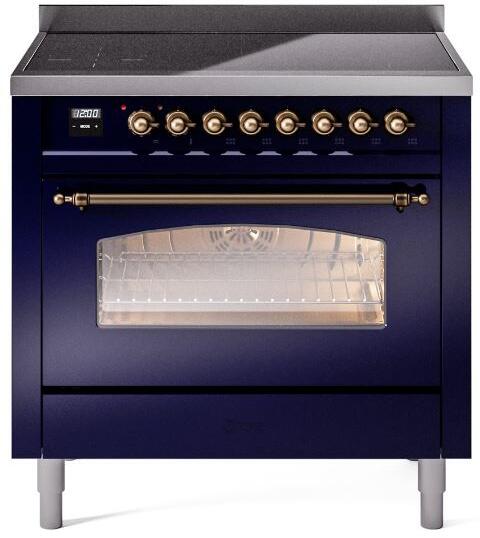 Midnight blue induction range front view with bronze knobs and oven door window