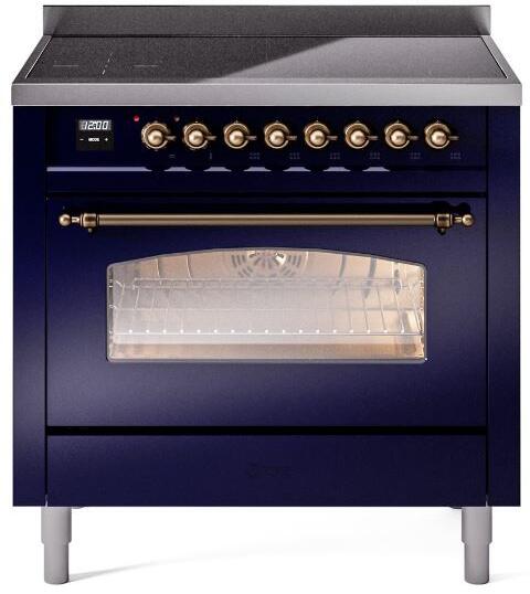 ILVE Nostalgie II 36-Inch Freestanding Electric Induction Range in Midnight Blue with Bronze Trim (UPI366NMPMBB)