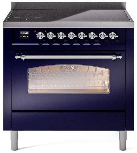 Front view of midnight blue freestanding electric induction range with chrome control knobs