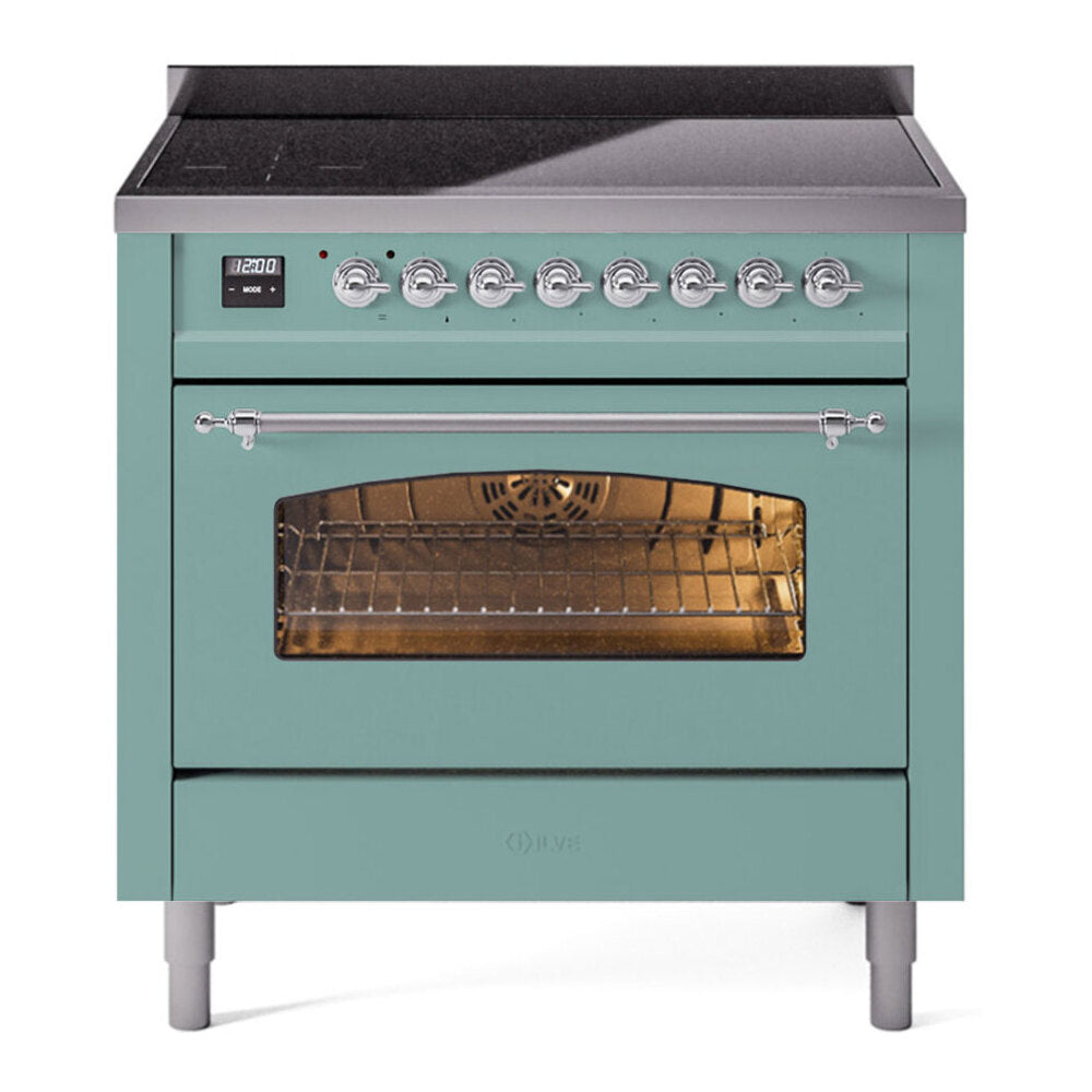 ILVE Nostalgie II 36-Inch Freestanding Electric Induction Range in Mediterranean Mint with Chrome Trim (UPI366NMPMMC)