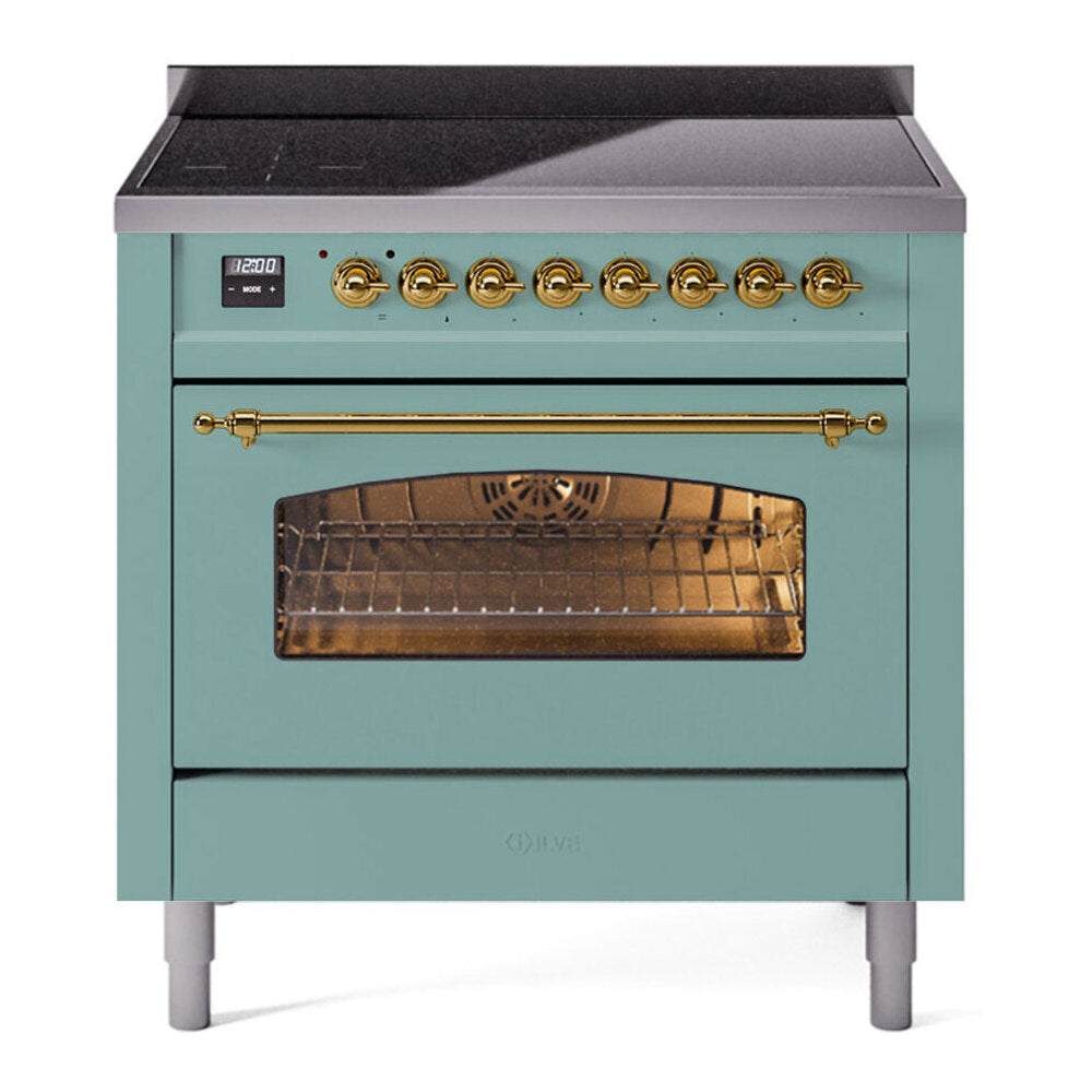 ILVE Nostalgie II 36-Inch Freestanding Electric Induction Range in Mediterranean Mint with Brass Trim (UPI366NMPMMG)