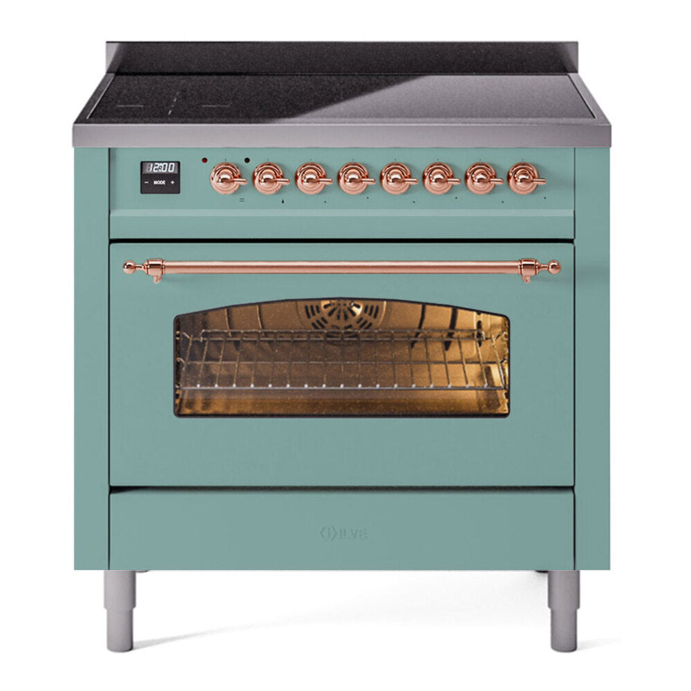 ILVE Nostalgie II 36-Inch Freestanding Electric Induction Range in Mediterranean Mint with Copper Trim (UPI366NMPMMP)