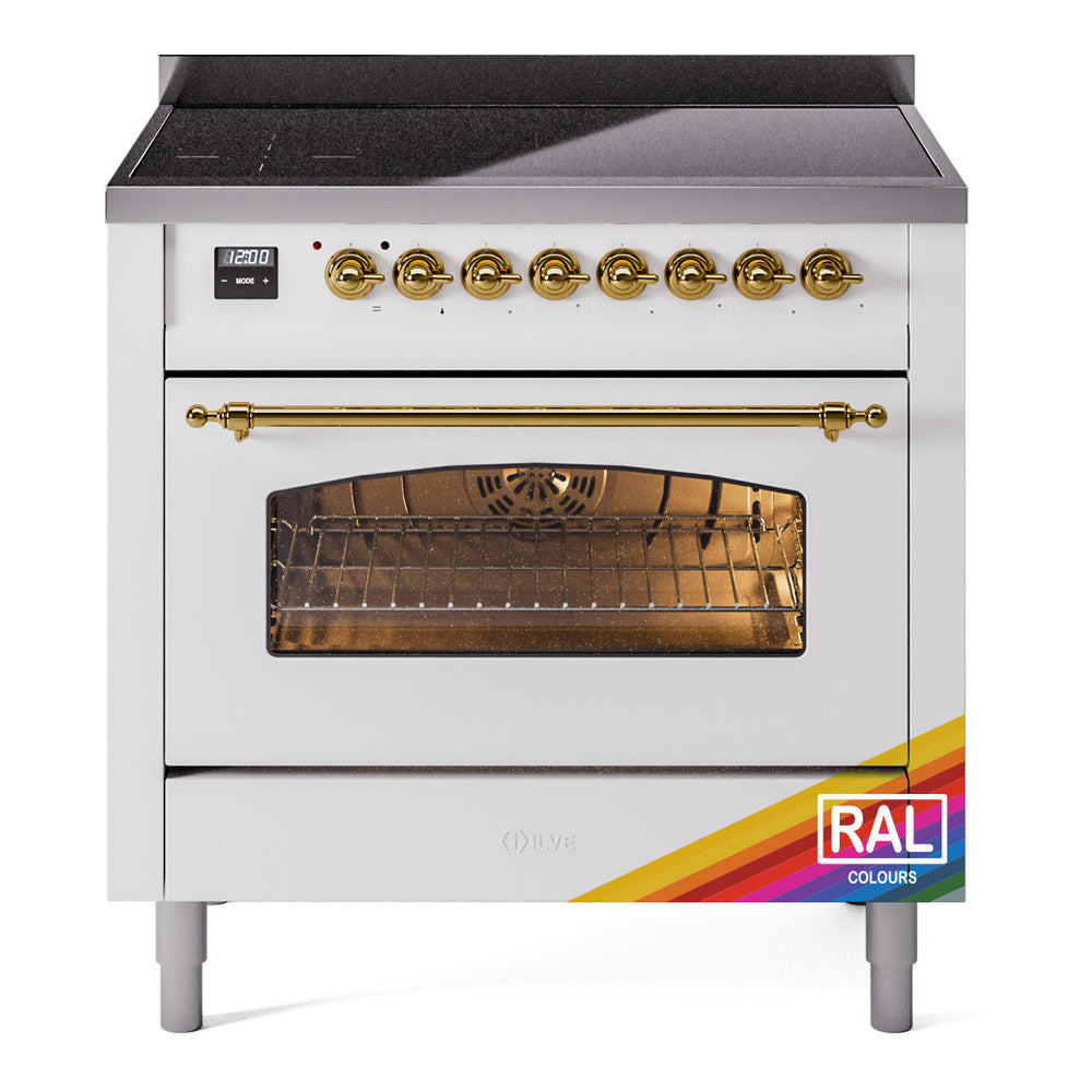 Freestanding electric induction range front with brass-trim knobs and open oven door