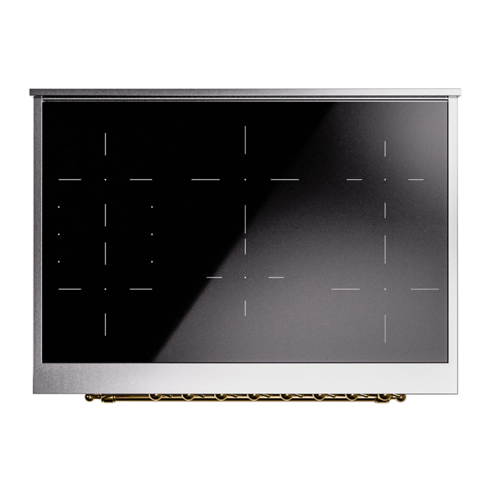 Electric induction range oven door panel with black glass and brass trim