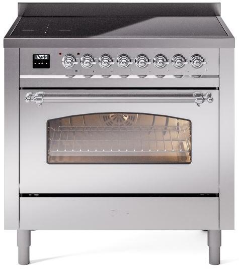 Stainless steel freestanding electric induction range with lit control panel and oven window