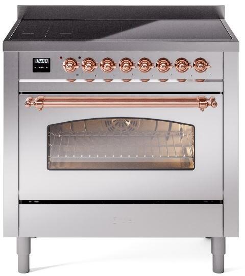 Front view of stainless steel induction range with copper handle and oven window