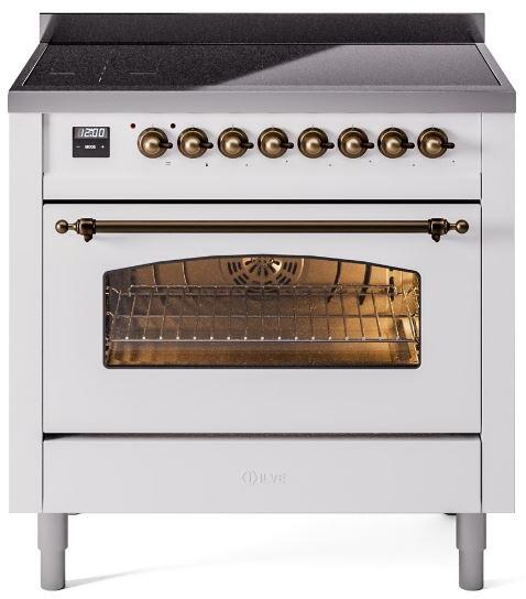 36-inch freestanding electric induction range front view, oven open with bronze handle