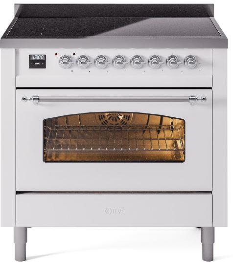 White freestanding electric induction range with oven door window showing illuminated interior