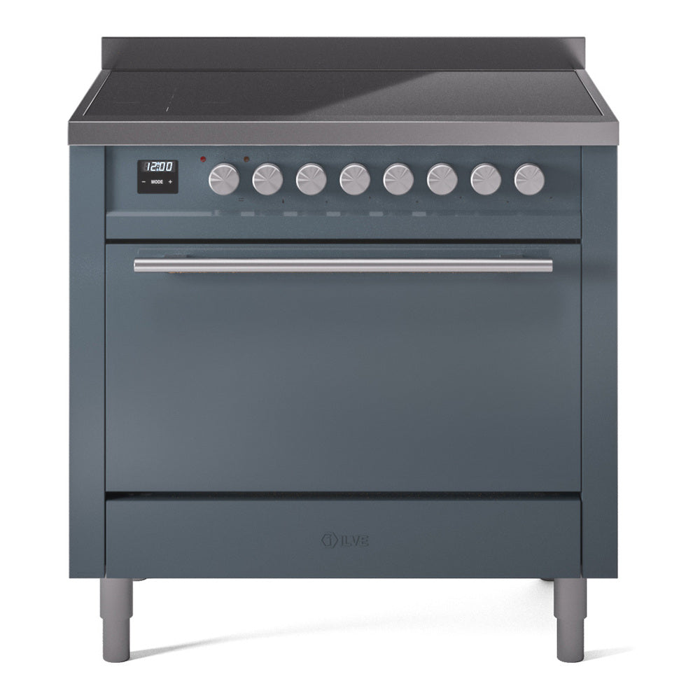 Blue-grey induction range with control display, knobs, and closed solid oven door
