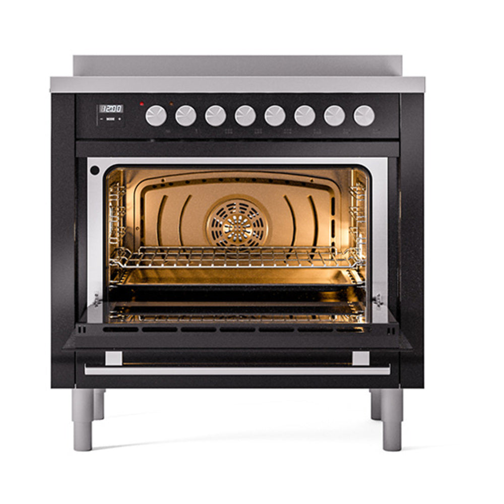 Glossy black induction range oven with open door, racks, and control knobs