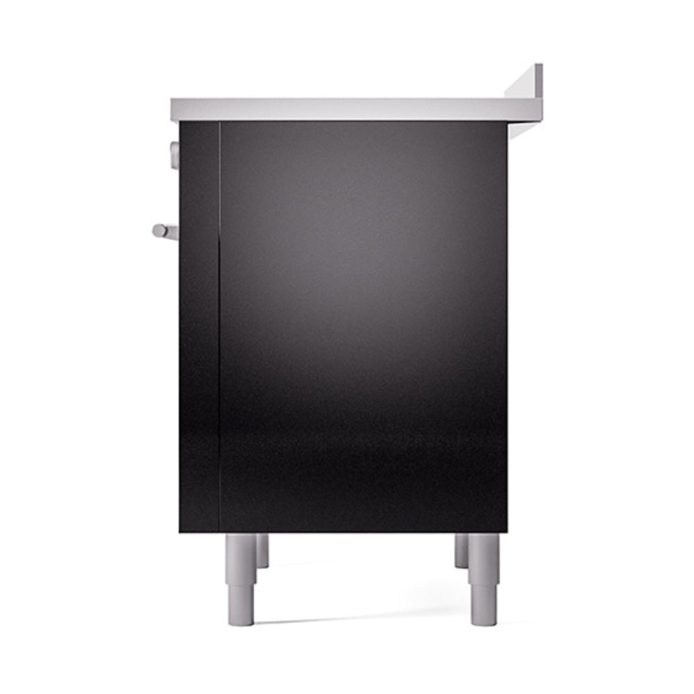 Glossy black oven door, angled view with side handle and white leveling feet