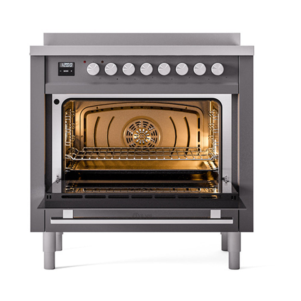 Matte graphite induction range with open oven door and wire rack
