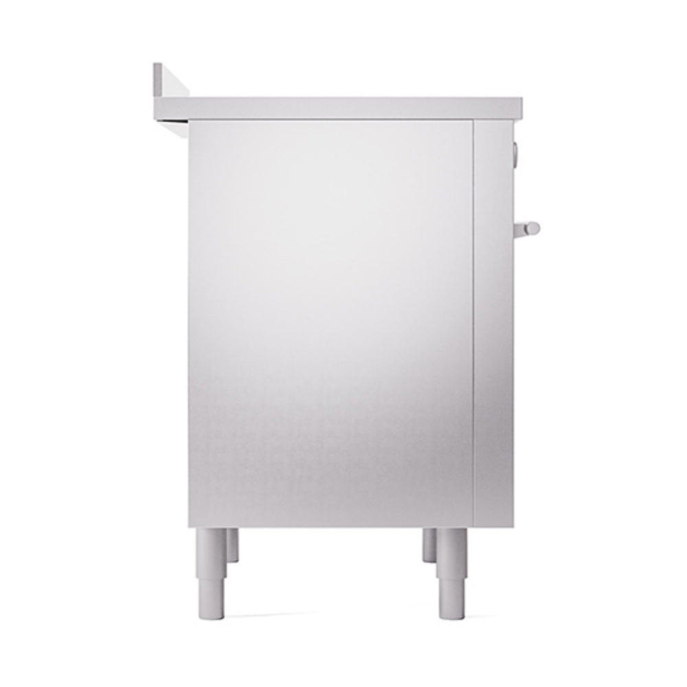 Stainless steel induction range solid oven door panel, angled side view