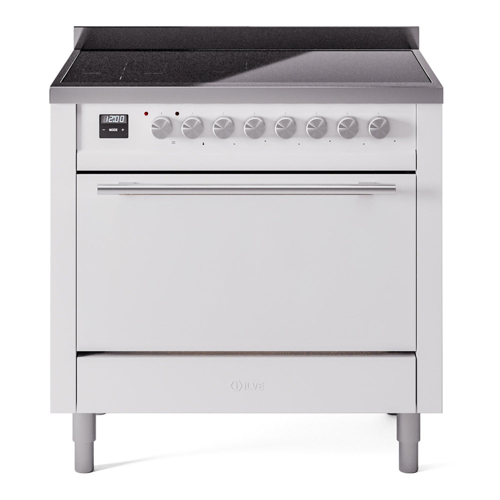 White induction range front view with black cooktop, control knobs, and oven door