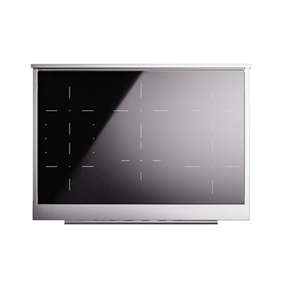 White induction cooktop panel with dark glass and white indicator lines