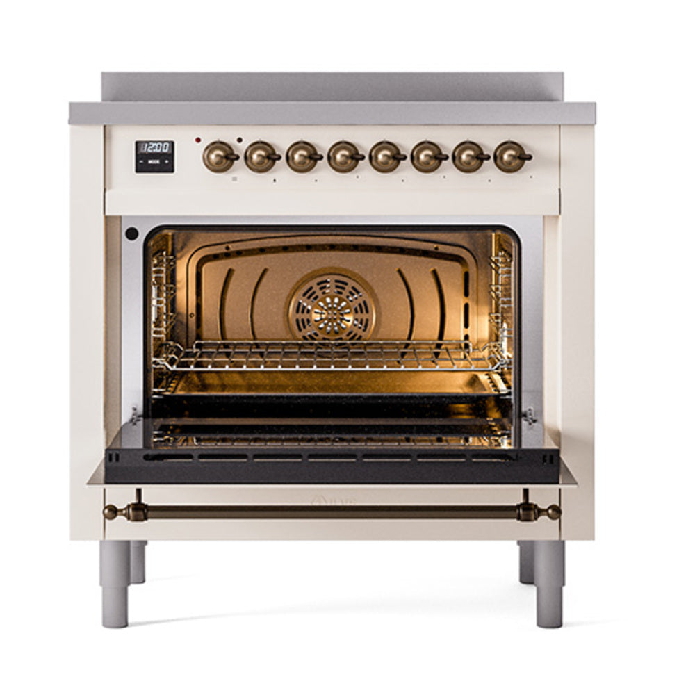 Antique white range oven with open solid door and bronze-trim interior rack