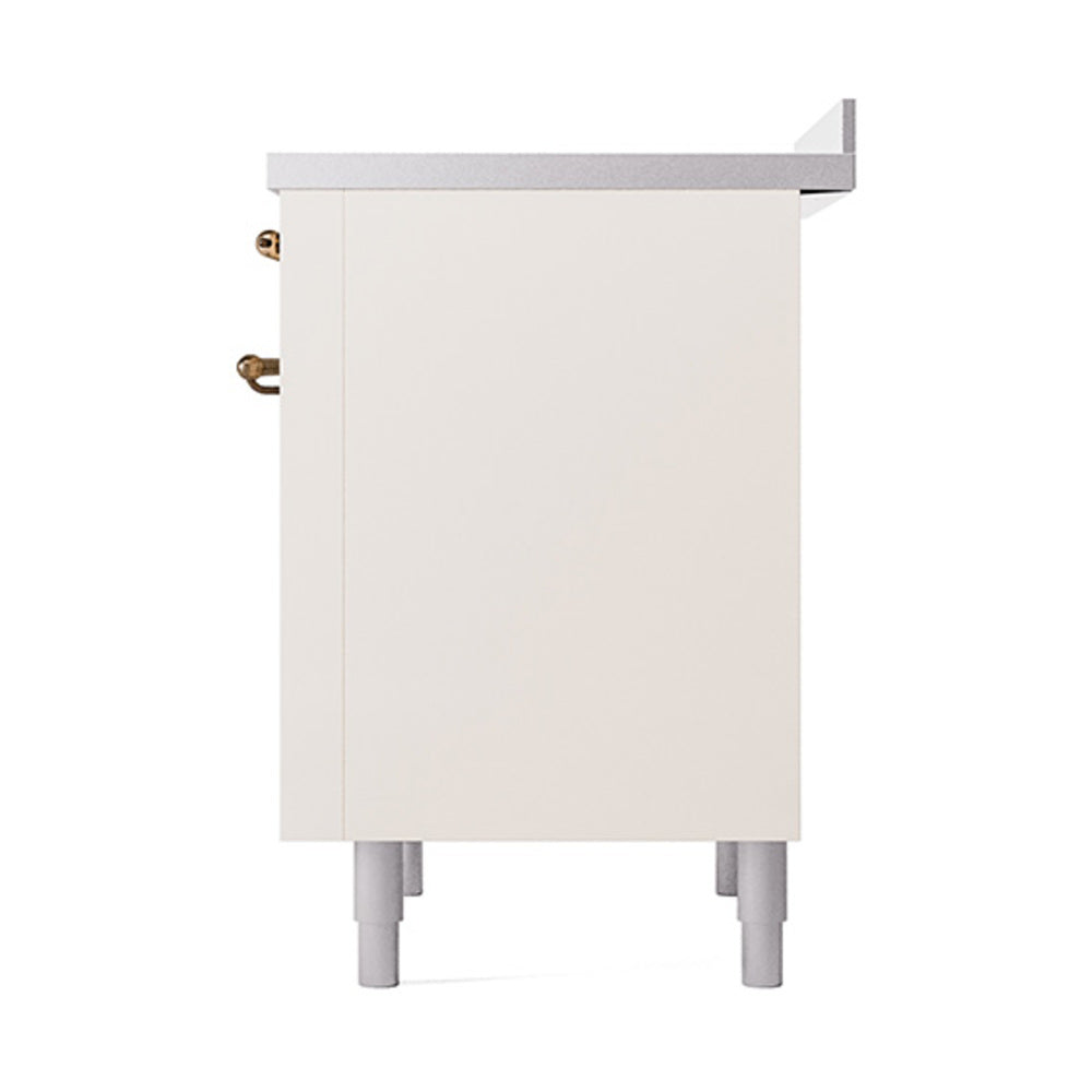 Antique white oven door side view with bronze hinges and four pedestal legs