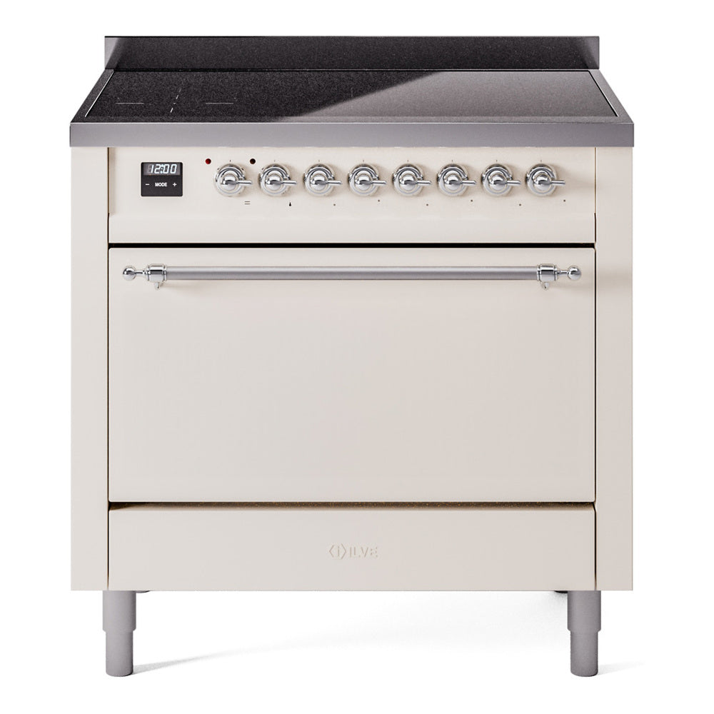Antique white induction range with closed oven door and front chrome control panel