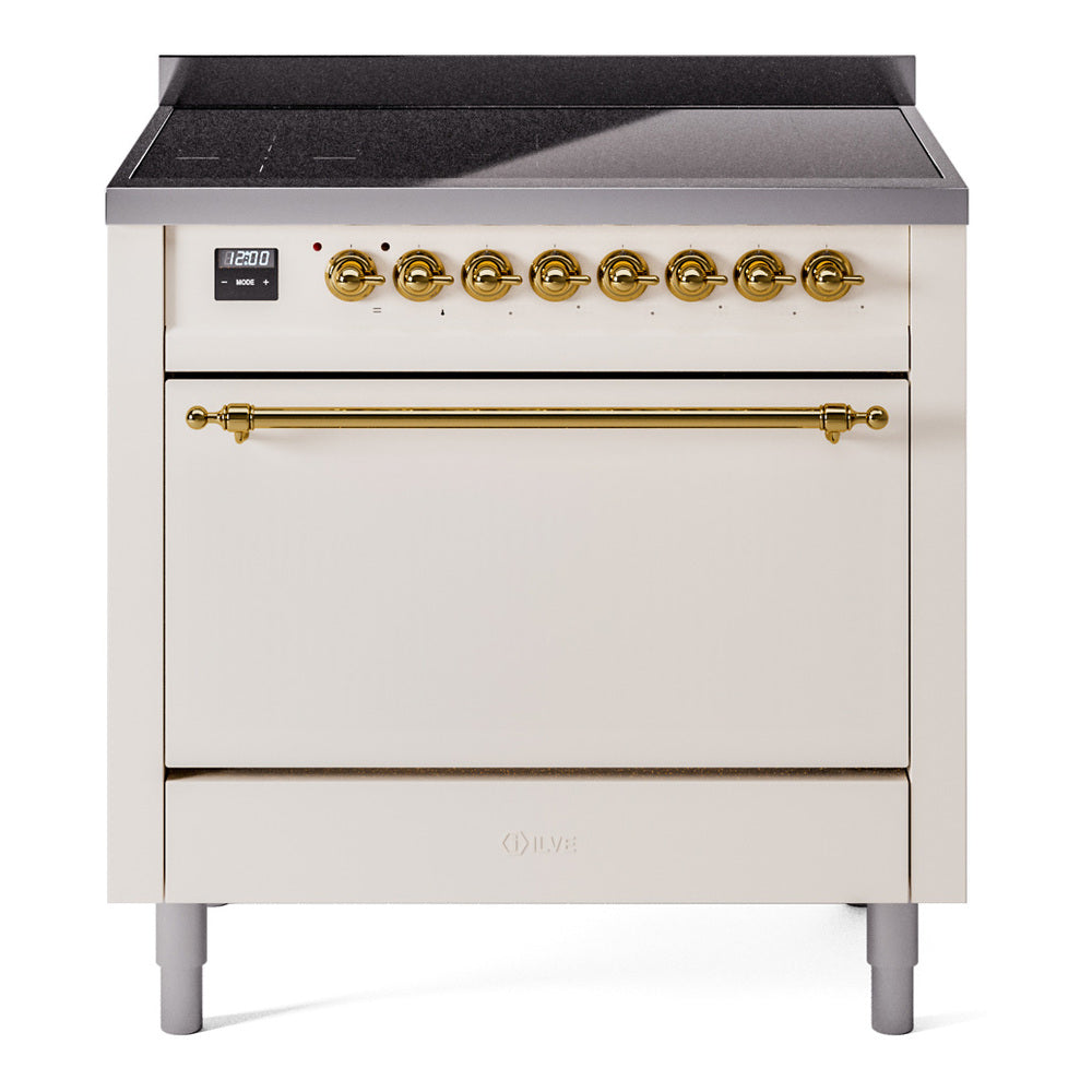 ILVE antique white induction range front view with brass rail and oven door