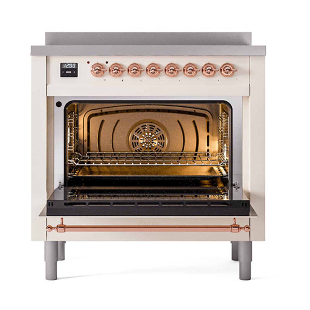 36-inch induction range with open solid door oven, antique white and copper trim