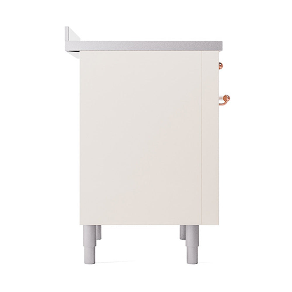 36-inch induction range side panel in antique white with copper handle accents