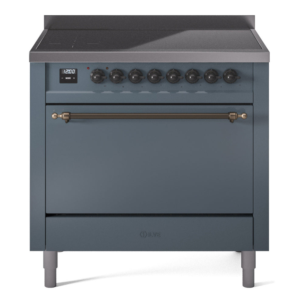 Blue grey induction range front with bronze bar handle and oven door