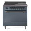 ILVE 36-Inch Nostalgie II Induction Range with Solid Door Oven in Blue Grey with Bronze Trim (UPI366QNMPBGB)