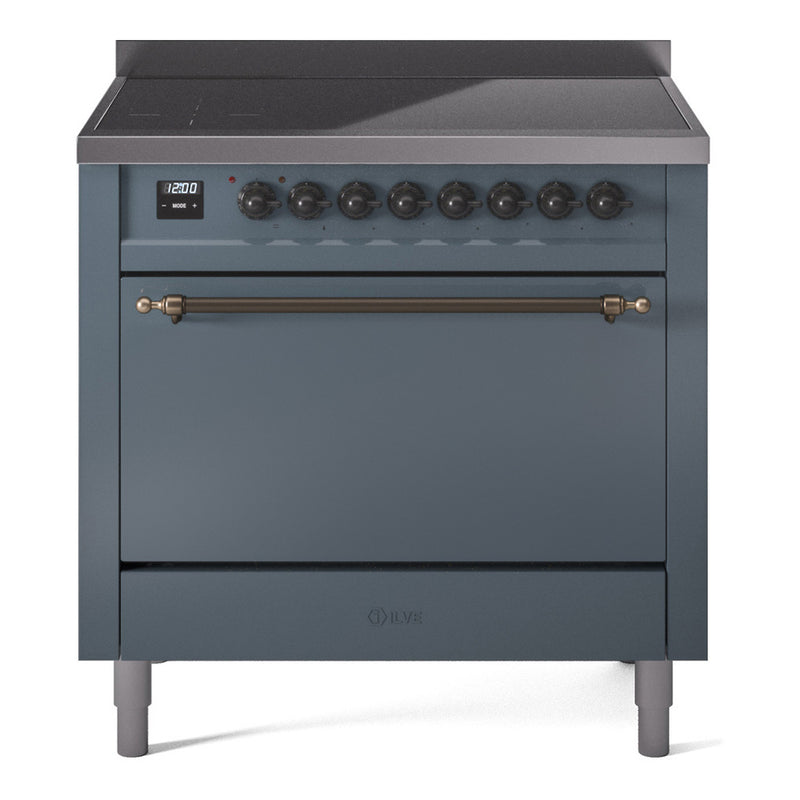 ILVE 36-Inch Nostalgie II Induction Range with Solid Door Oven in Blue Grey with Bronze Trim (UPI366QNMPBGB)